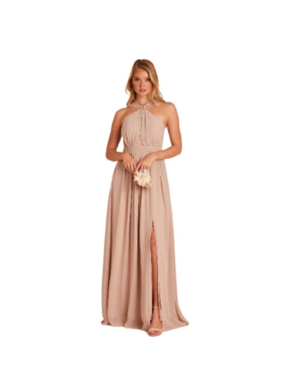 Birdy Grey Kiko Taupe Slit Chiffon Halter Maxi Dress Sz S